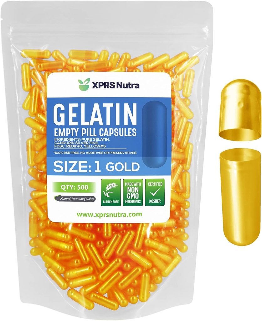 XPRS Nutra Size 1 קפסולות ריקות - 500 הרוזן ריק Gelatin קפסולות - Pills DIY כמוסות מילוי - Pure Bovine Pill Gel Caps for Do-It-Yourself Supplements (Gold)