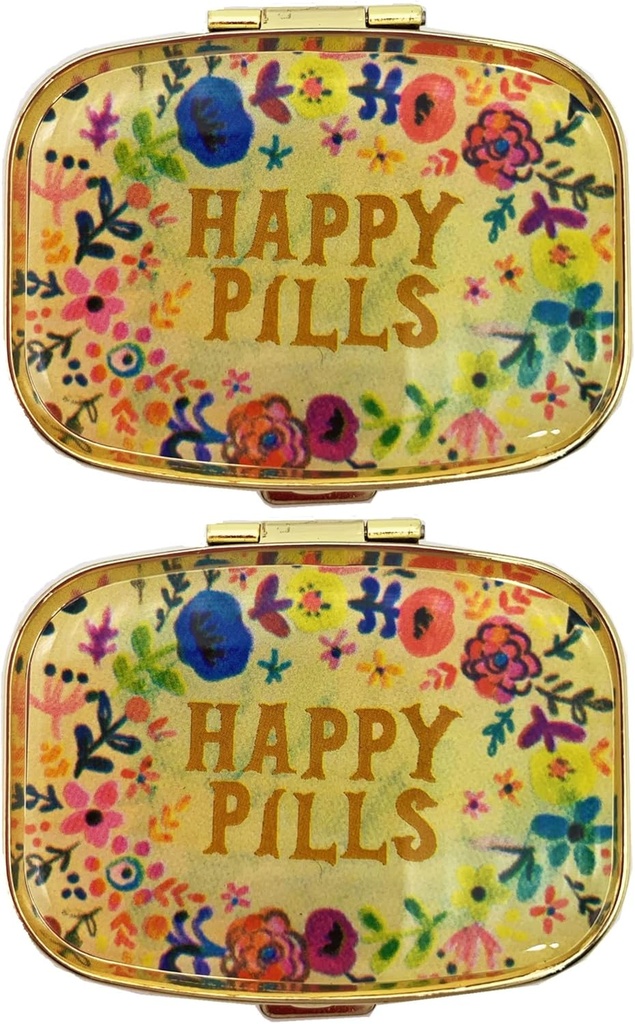 2 Packs וינטג 'Pocket גלולה מארגנים Metal Retro Pill Boxes Sweet Pill Cases for Purse / Pocket Portable to Hold ויטמינים / Tylenol/Supplements/Meds/Tablet(Happy Pills with Mirror Inside)