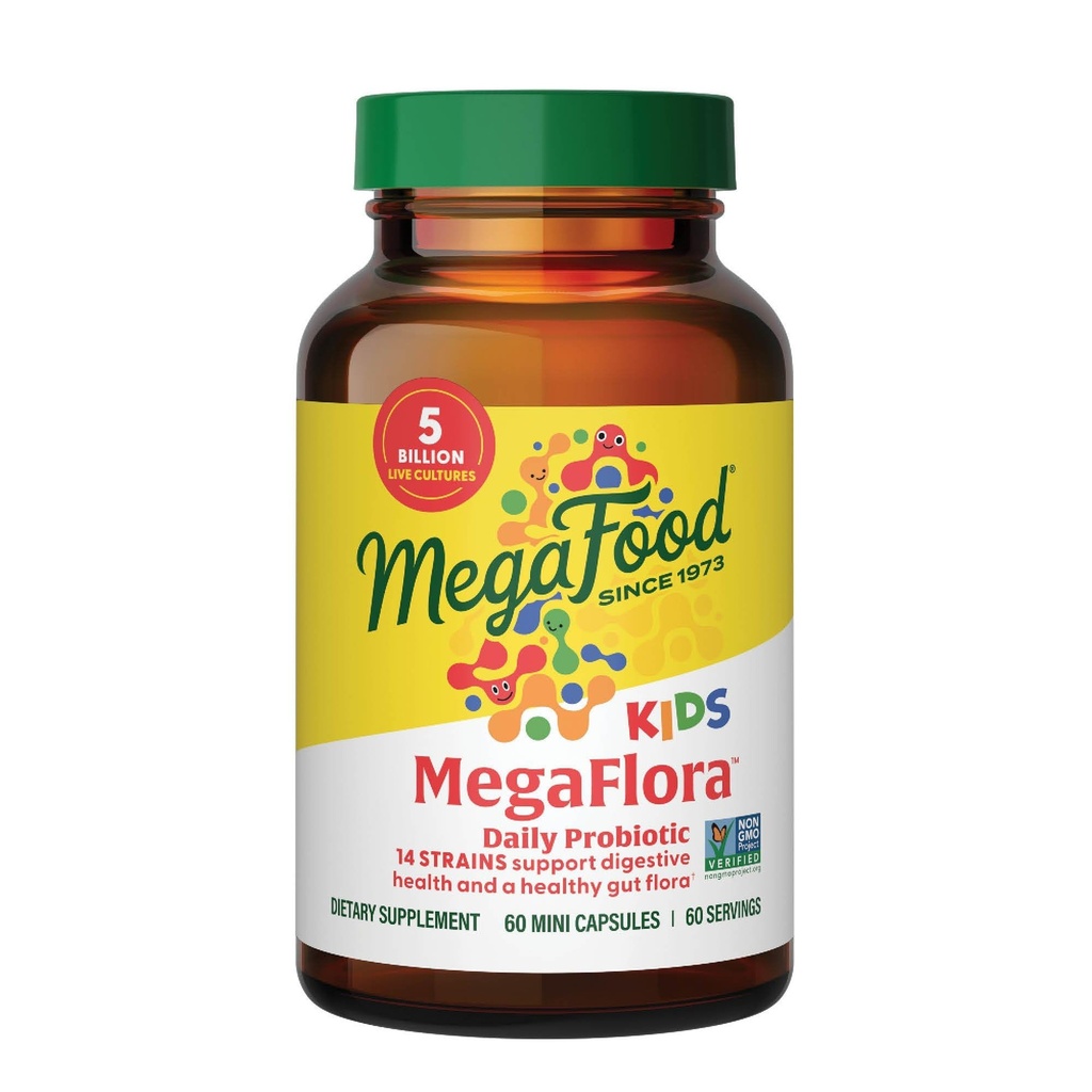 Mega Food MegaFlora Kids Probiotics - 5 מיליארד CFUs - Non-GMO, Vegetarian, Made Without 9 Allergens, Probiotics for Digestive Health - 60 מיני קפסולות (60 משרתים)