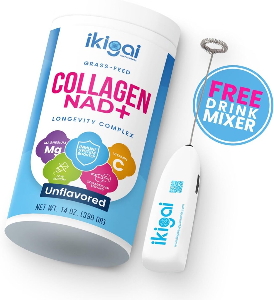 Ikigai Collagen עם NAD + (30 משרתים) - Non-GMO, Gluten-Free, Paleo, כשר - No Flavor, כולל משקאות חינם Mixer