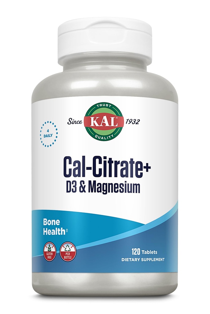 KAL Cal-Citrate+, Calcium Citrate Plus ויטמין D-3 ו-500 מ"ג מגנזיום, עצמות בריאות ותמיכה בשיניים, Gluten Free ומעבדה מאומתים על איכות, 30 משרתים, 120 טבליות
