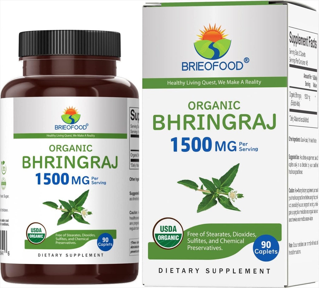 Brieofood אורגני Bhringraj 1500 מ"ג, 45 משרתים, Vegetarian, Gluten Free, 90 טבליות Vegetarian