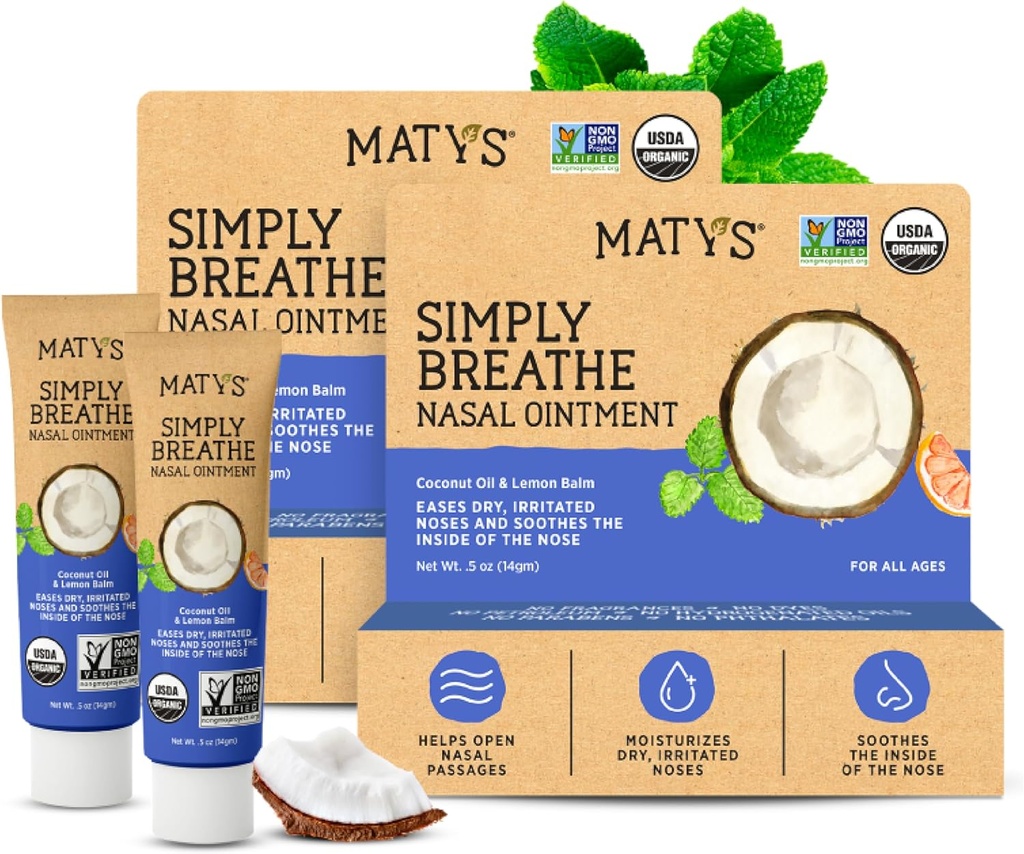Matys אורגני פשוט Breathe Nasal Ointment for יבש Noses & Nostrils בשל אלרגיות, Nose Bleeds, CPAP & חמצן התקן Irritation, ניקוי Saline אלטרנטיבי למבוגרים וילדים, 2 Pack, 0.5 oz כל אחד