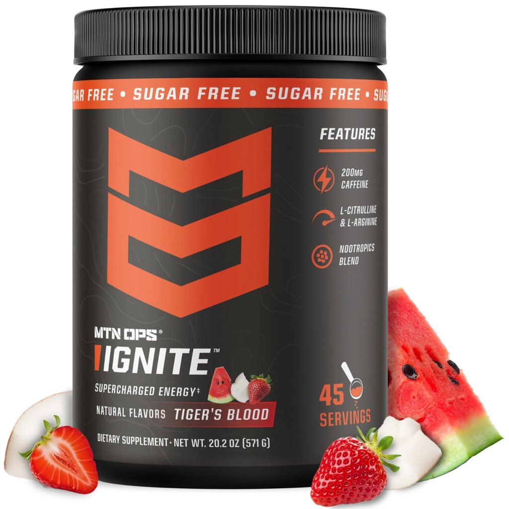 MTN OPS Ignite Energy Drink, Gluten Free Nootropic משקאות תערובת, L Arginine, L Citrulline, Caffeine & Nootropic סוכר חינם לערבב, 45 לשרתים, דם של נמר