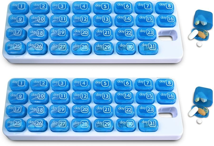 31 יום חודשי גלולות מארגנת עם Pop Out Pocket Pill Pods ו אחסון טרי עבור ויטמינים, תוספי מזון, בית, עבודה או נסיעות - 2 Pack Blue
