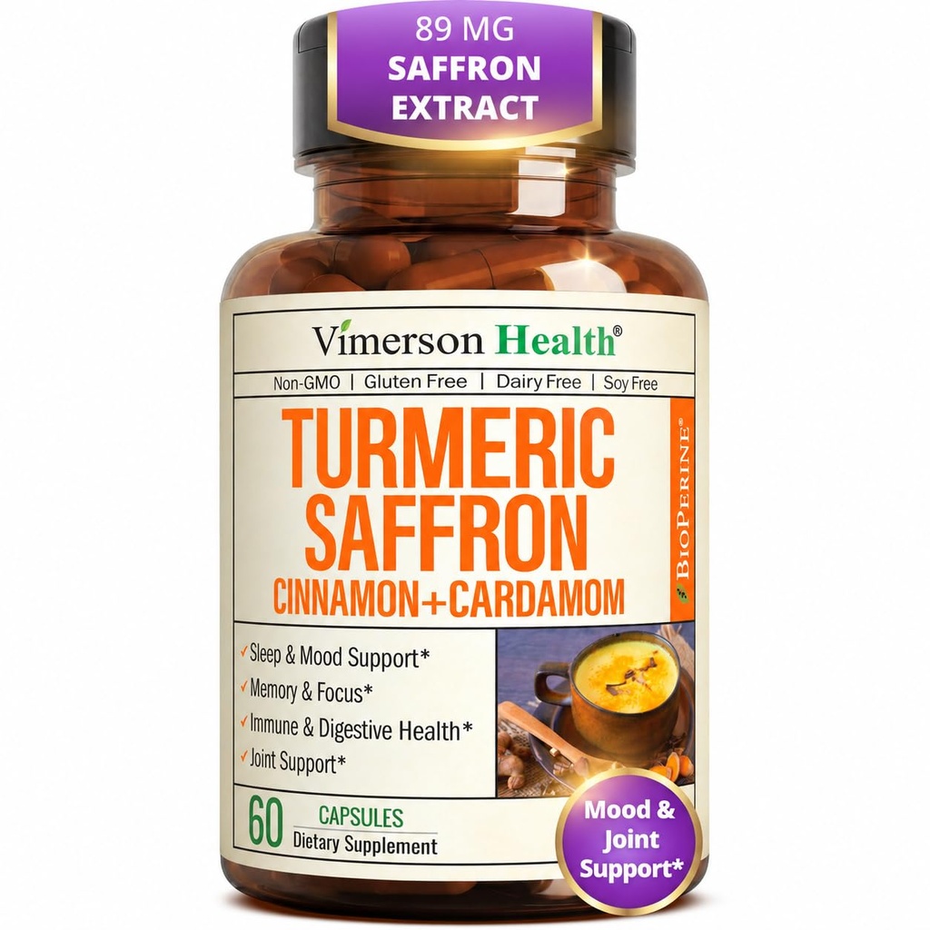 תוספי Saffron - 89mg Saffron לחלץ ו 1000 מ"ג Tumeric בלגן - תוסף Turmeric עם Ceylon Cinnamon ו Cardamom עבור Mood, Memory & Eye Health - תוספים משותפים לנשים וגברים - 60 הרוזן
