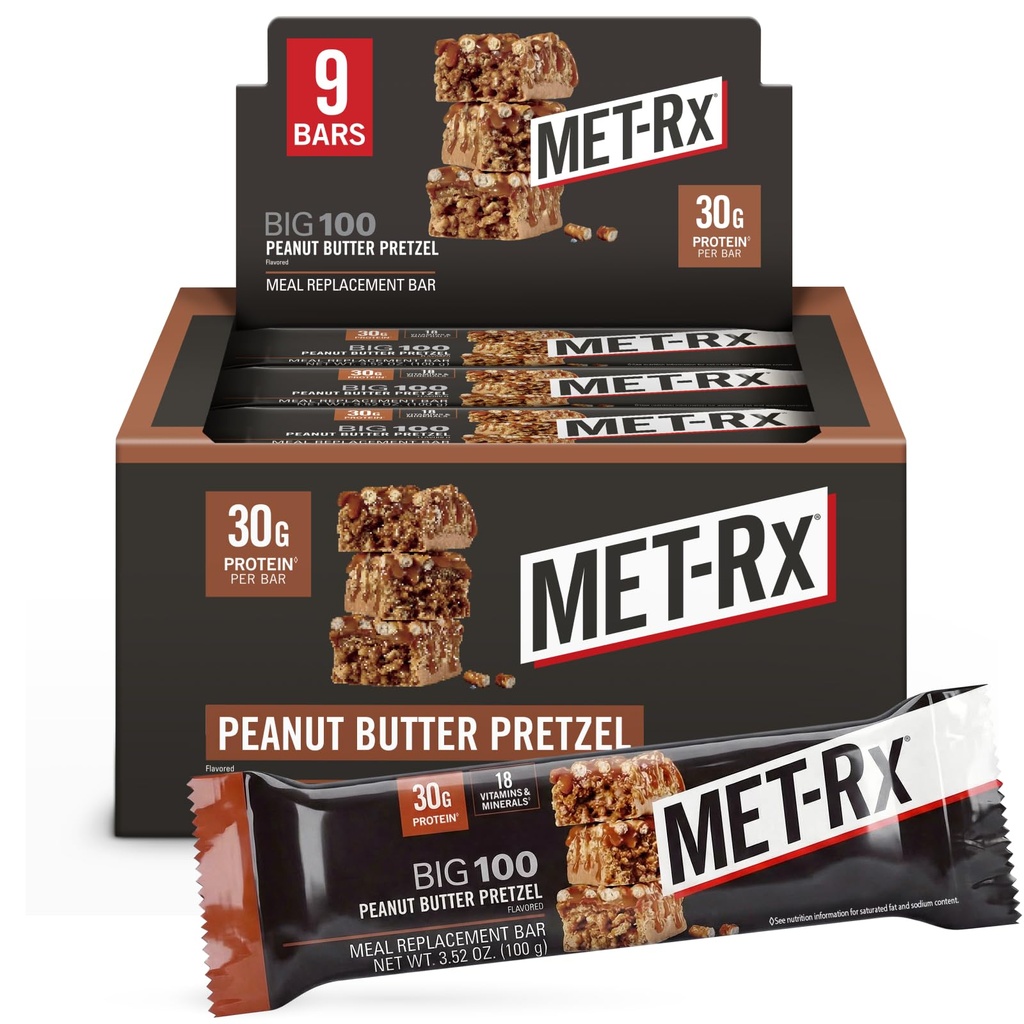 MET-Rx Big 100 colossal חלבון Bars, גדול כמו החלפת Meal, חטיף, לעזור תמיכה אנרגיה, בוטנים Butter Pretzel, עם ויטמין A, ויטמין C, ו- Zinc, 100 g, (Pack of 9)