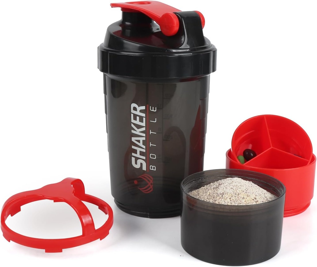 Shakerבק,16oz חלבונים Shaker בקבוק עם Mixing Ball, 3 ב 1 Leak-הוכחה GYM שקד עם אבקת אחסון ו- Pill Tray, אידיאלי עבור Workout, BPA חינם (אדום)