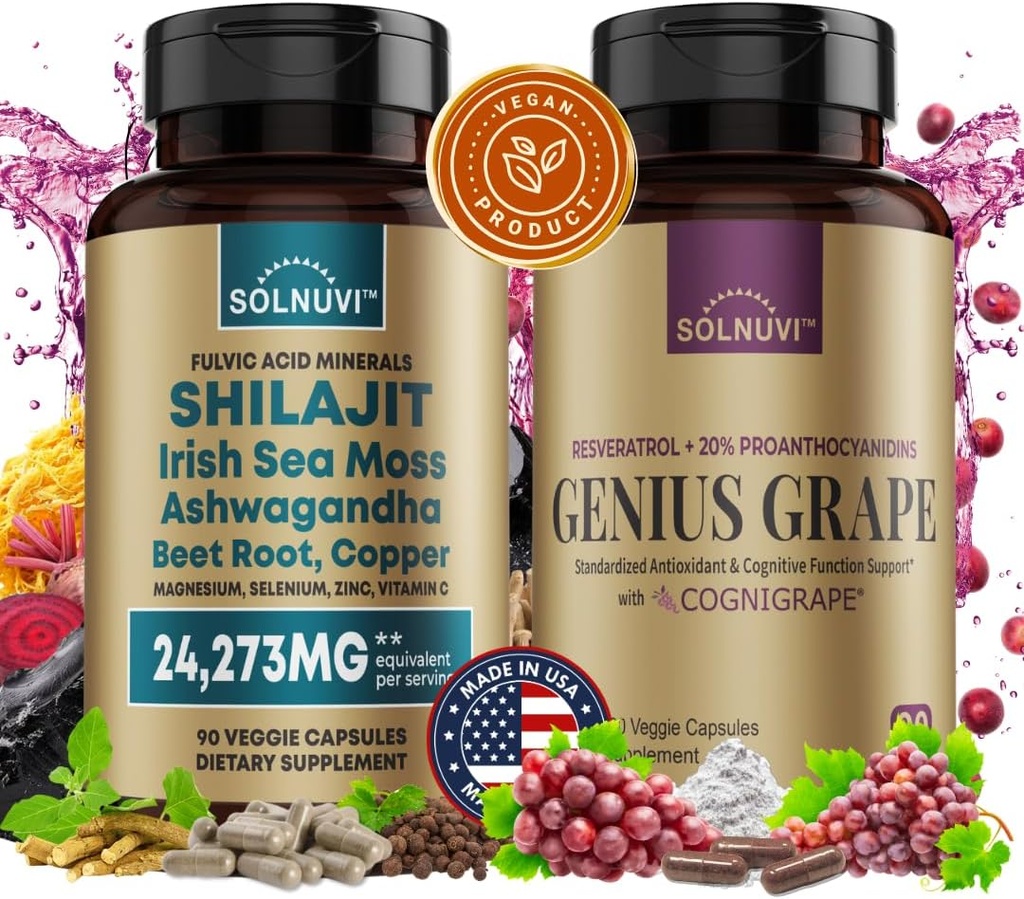איכות קוגניטיבית בונדלה - Resveratrol Complex & Shilajit Fulvic Acid מינרלים - Sea Mos, Ashwagandha, קלינית נבדקה Cognigrape Red Grape - non-GMO, Gluten-free, טבעוני תוספת תוספת תוספת תוספת תוספת