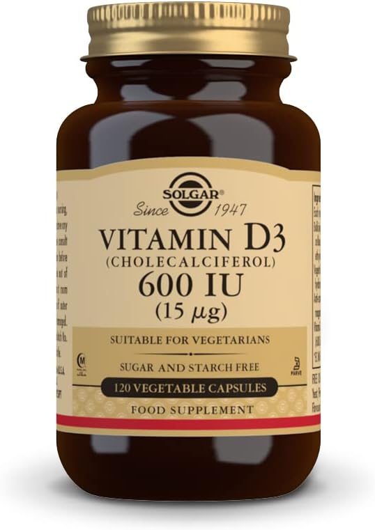 Solgar ויטמין D3 (Cholecalciferol) 15 mcg (600 IU), 120 קפסולות ירקות - מסייע לשמור על עצמות בריאות ושיניים - תמיכה כספית - non-GMO, Gluten Free, חלב חינם, כשר, Halal - 120 משרתות