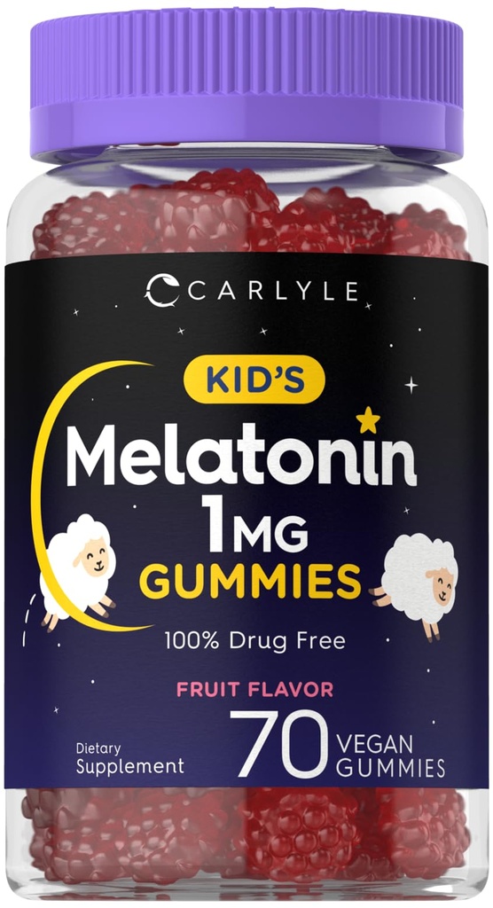 Carlyle Kids Melatonin Gummies | 1 מ"ג 70 ספירה | פירות פלאבי מסטיקמי | טבעוני, Non-GMO, Gluten Free