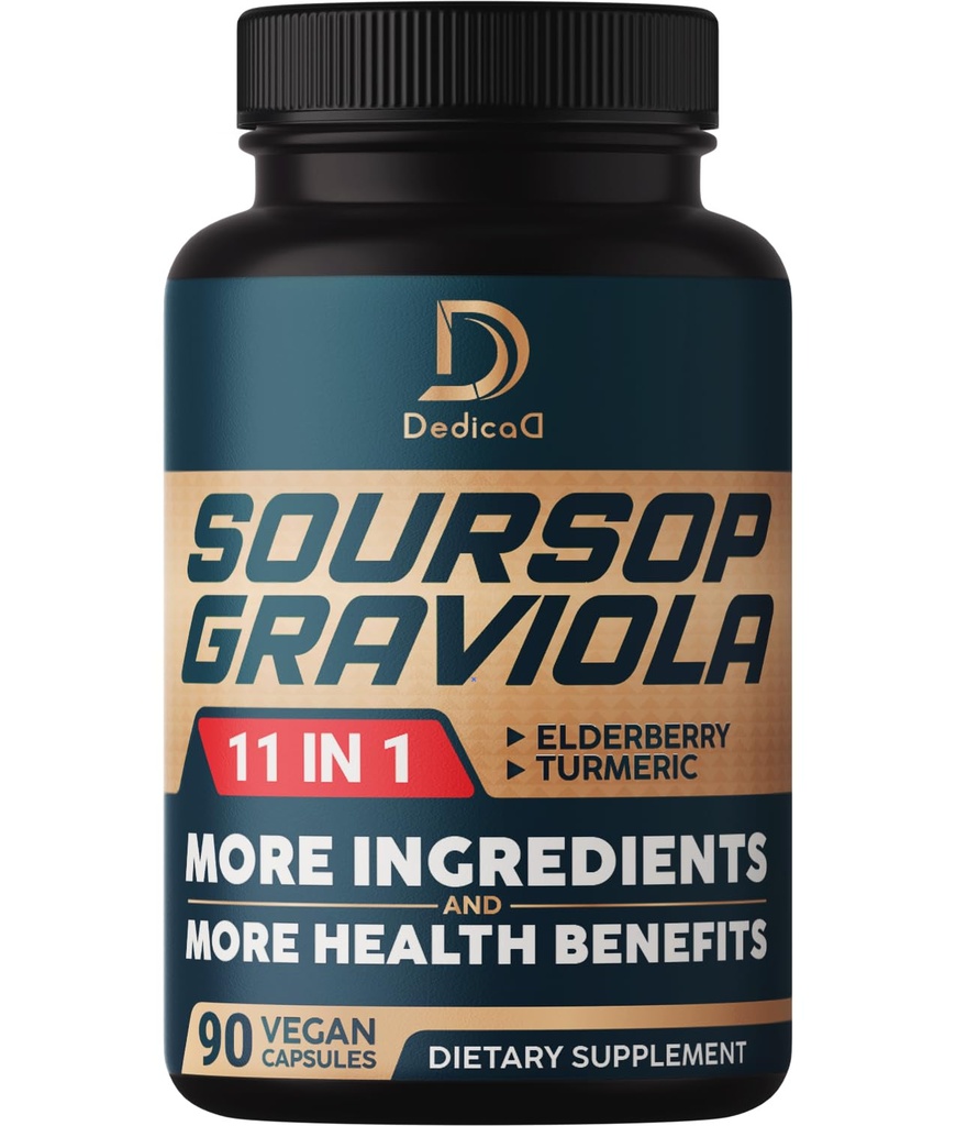 Soursop Graviola קפסולות - 3 חודשים אספקה - 9450 מ"ג Per המשרת - 11 Herbs Elderberry, Turmeric Curcumin, ג'ינג'ר Root, Milk Thistle - Mood, Body & Immune Support - 90 קפסולות טבעוניות