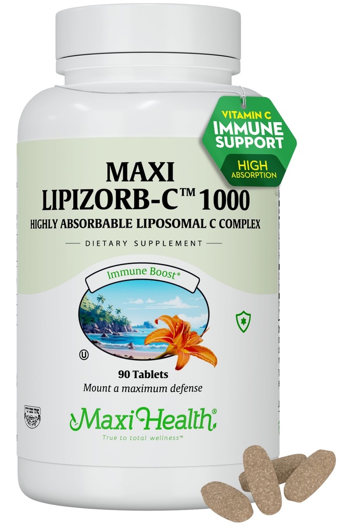 Maxi Health Liposomal Vitamin C 1000mg Tablets with Digestive Blend, Highly Absorbable High Dose VitaminC, Non GMO Kosher Vegetarian Doctor-Formulated Immune Support Supplement (90 Count)