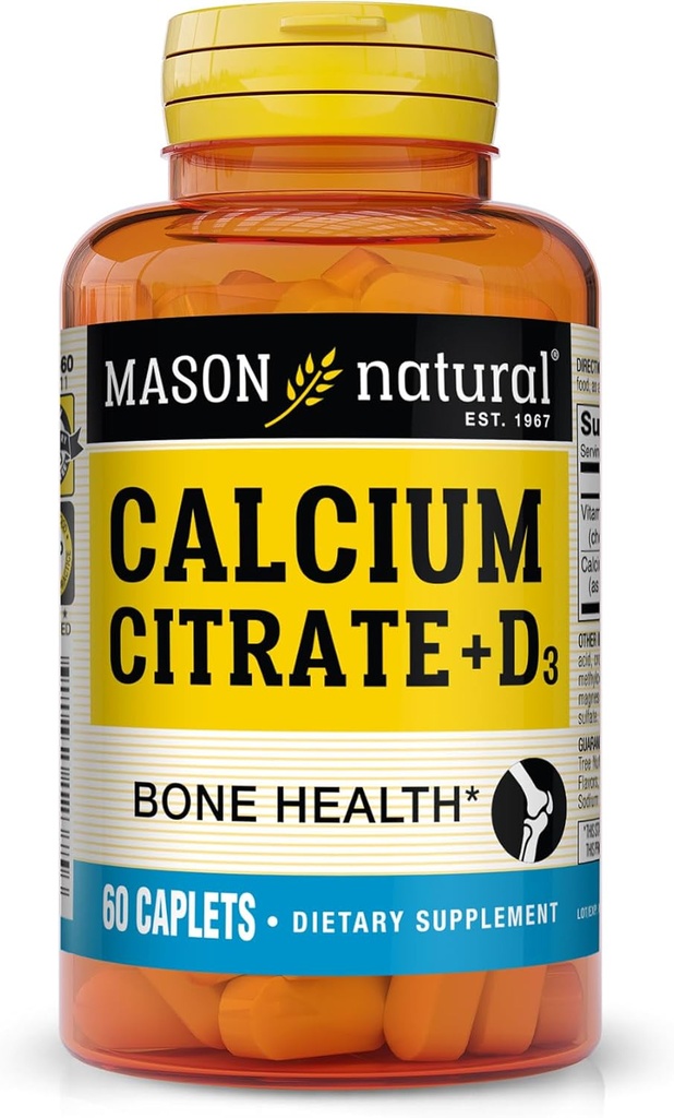 מייסון Natural Calcium Citrate Plus ויטמין D3, 2 חודשים אספקה, חיזוק תפקוד השרירים ובריאות העצם, 60 קפסולות