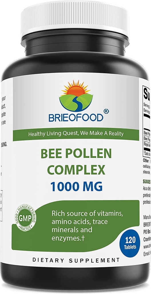 Brieofood Bee Pollen Complex 1000 מ"ג 120 טבליות - Made with Bee Pollen, Bee Propolis, & רויאל אבקת Jelly