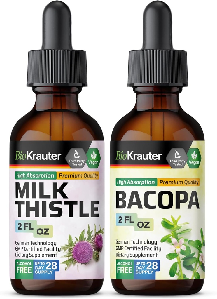 BIO KRAUTER Milk Thistle Tincture 2 Fl. Oz & Bacopa Tincture 2 Fl. Oz.