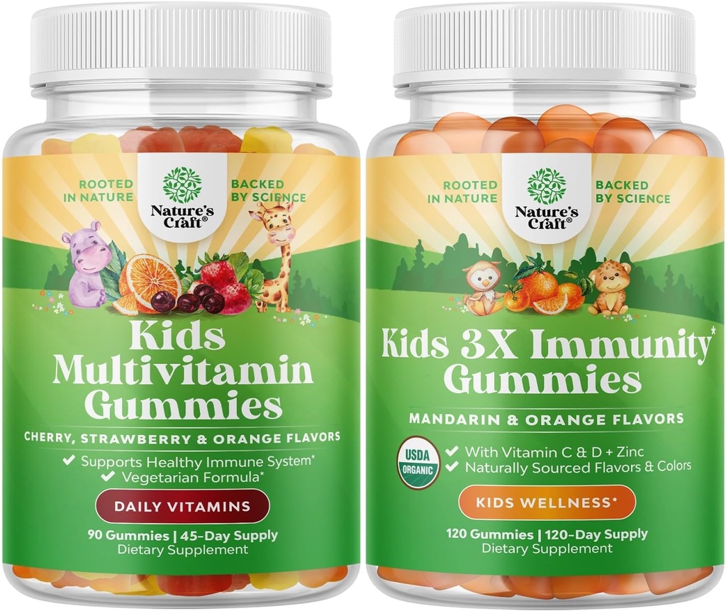 Bundle of Plant Based Kids Multivitamin Gummies - עם ויטמינים A, C, D3, E, B6 & B12, Zinc & Iodine ו- Organic Kids Immune Support Gummies - ויטמין אורגני D עם C ו- Zinc