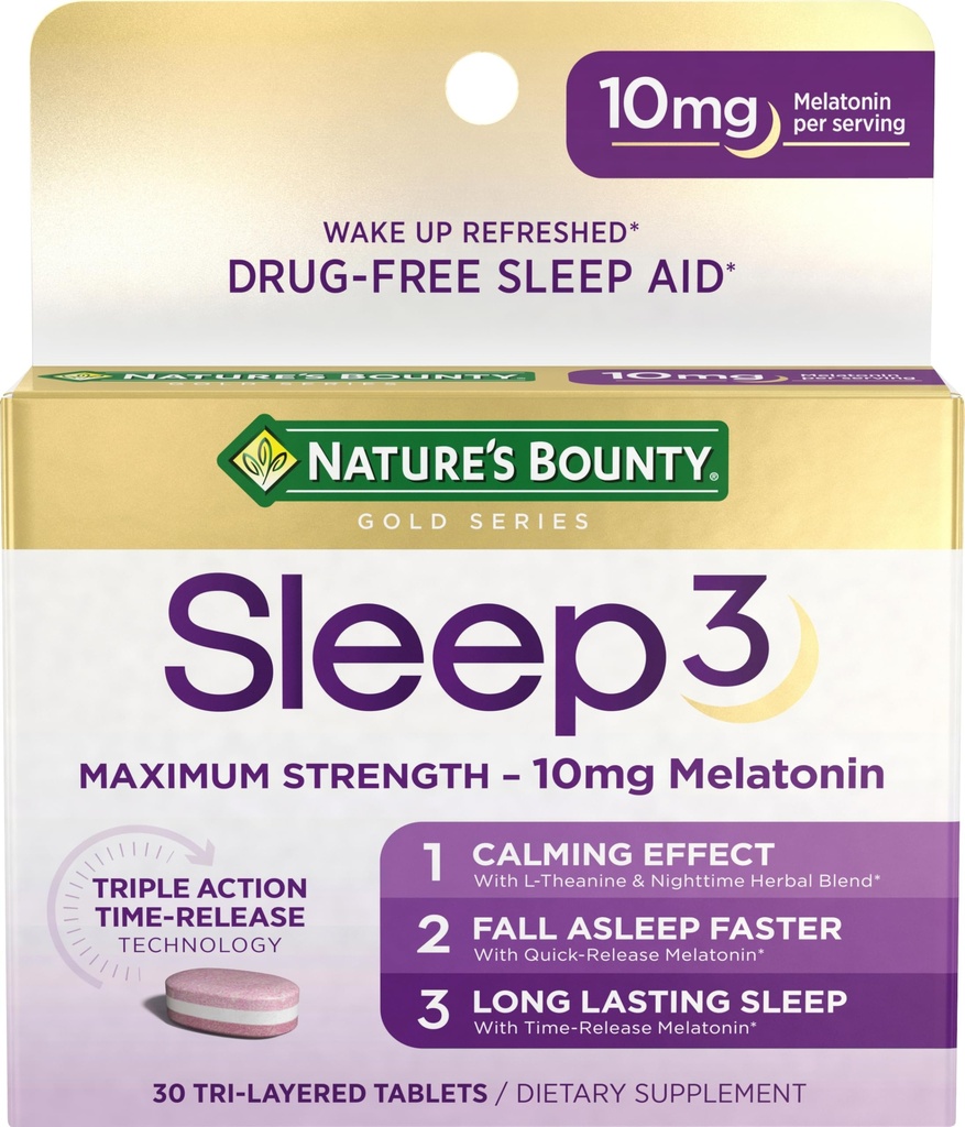 Nature's Bounty Melatonin, Sleep3 Power 100% Drug Free Sleep Aid, L-theanine & Nighttime Herbal בלנדר טכנולוגיה, 10mg, 30 Tri-Layered Tablets
