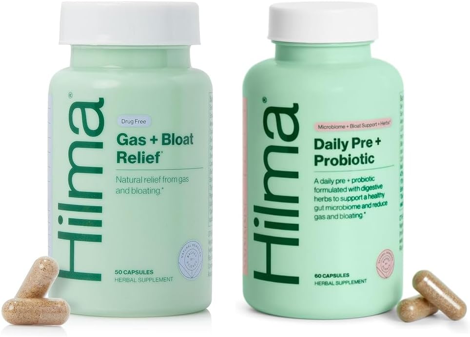 Hilma Healthy Gut & Bloat Support Bundle - Gas & Bloat הקלה (50 קפסולות טבעוניות) עם לימון Balm, Pennel & Peppermint Leaf + Daily Pre & Probiotics עם Herbs (60 קפסולות טבעוניות) לבריאות Gut