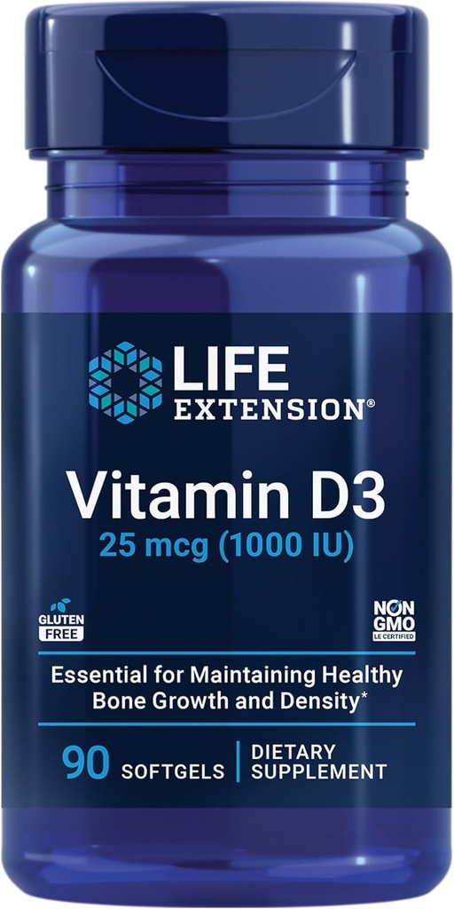 ויטמין D3 25 mcg (1000 IU), Immune System Support, Bone Health, Whole-Body Health, Size Value, Gluten-Free, non-GMO, 90 Softgels