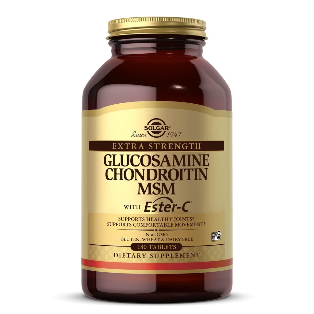 Solgar תוספת כוח Glucosamine Chondroitin MSM w / Ester-C, 180 טבליות - מקדם משותףים בריאים, תומך תנועה נוחה וכושר פעולה משותף - non-GMO, Gluten No, חלב לא - 60 משרתים