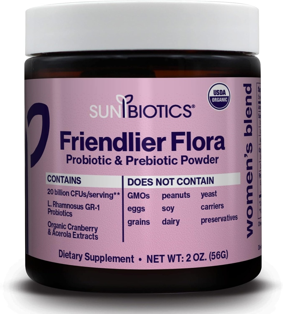 SunBIOTICS Friendlier פלורה - יחסי נשים, 20 מיליארד CFUs של 6 Probiotic Strains, Women's Daily Digestive Vaginal & Immune Health, non-GMO ו- Gluten Free, 2 Ounce