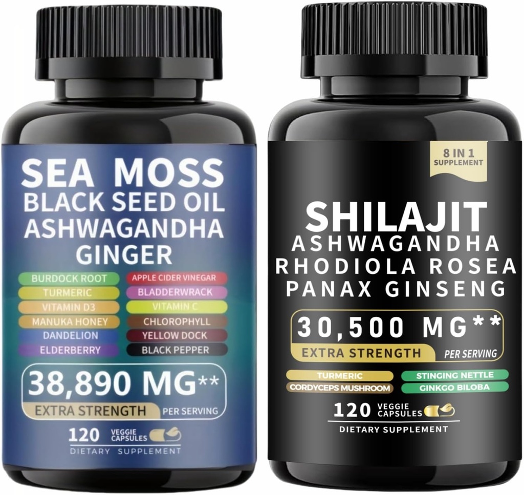 Sea Mossss and shilajit Sea Mosss Black Seed Oil אשוגנדה ג'ינג'ר &shilajit rhodiola Rosea panax גינזנג (120 Count)