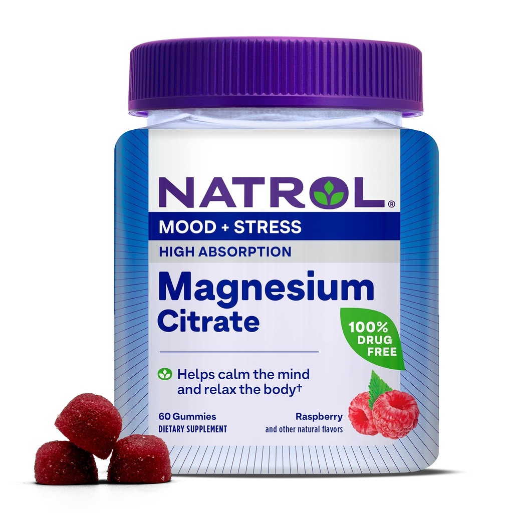 Natrol Magnesium Citrate, High Absorption Magnesium תוספת של Mood and Stress, Helps Calm the Mind ולהפחית את הגוף, 60 מסטיקים עתירי פטל, עד 30 יום אספקה