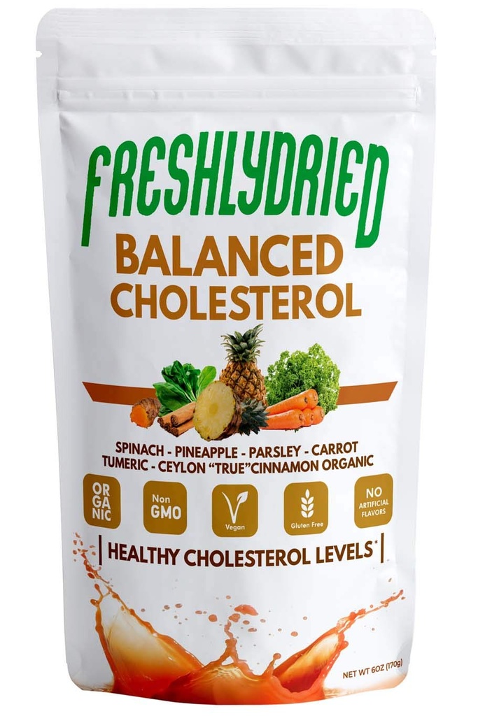 FreshlyDried Balanced Cholesterol אבקת - תומך רמות כולסטרול בריאות - w / Tumeric, Ceylon True Cinnamon, Spinach, Parsley, Pineapple - טבעוני-ידידותי - 17 משרתים - 6 Ouncess - 6 Ouncess