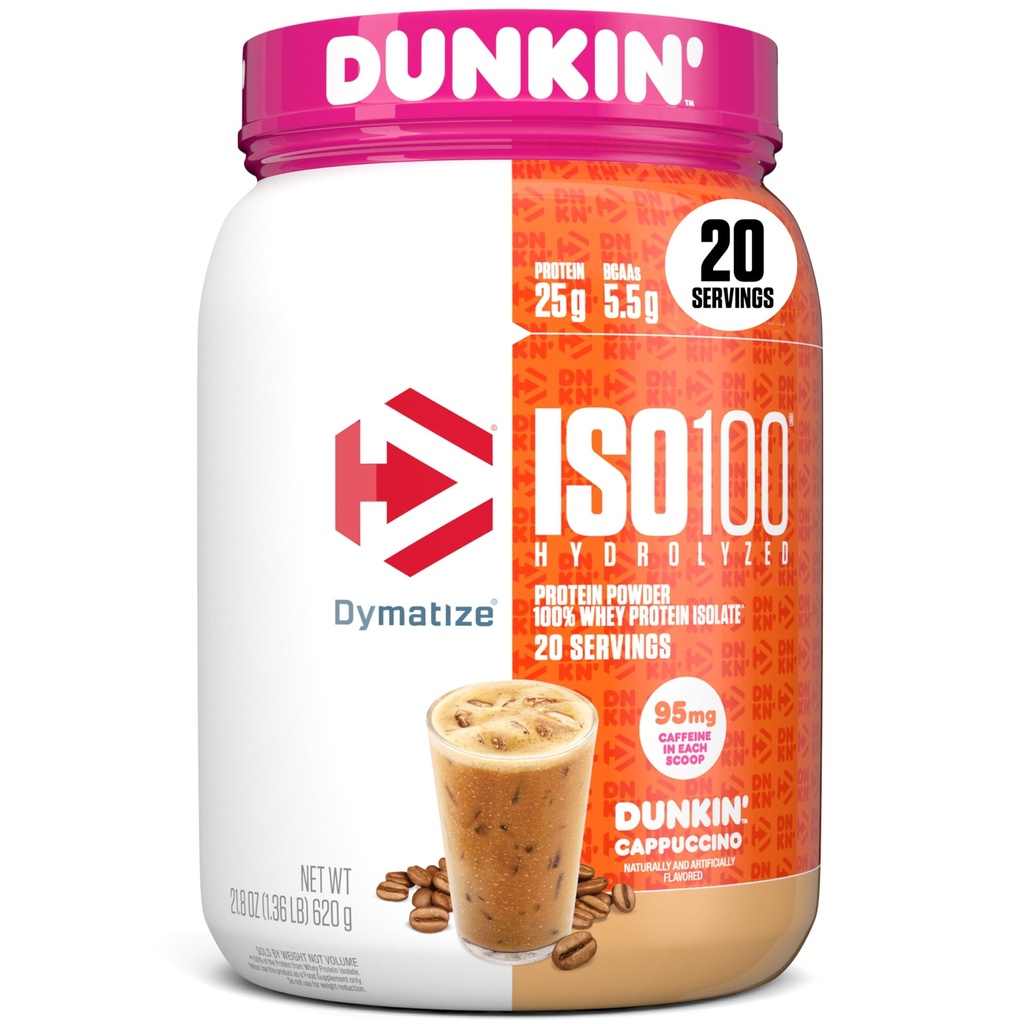 Dimatize x Dunkin' Cappuccino ISO100 אבקת חלבון Whey, 95 מ"ג Caffeine, 25g של חלבון5.5g BCAAs, 120 Cal, Gluten Free, 1g Fat, 1g סוכר, 2g Carb (20 משרתות)