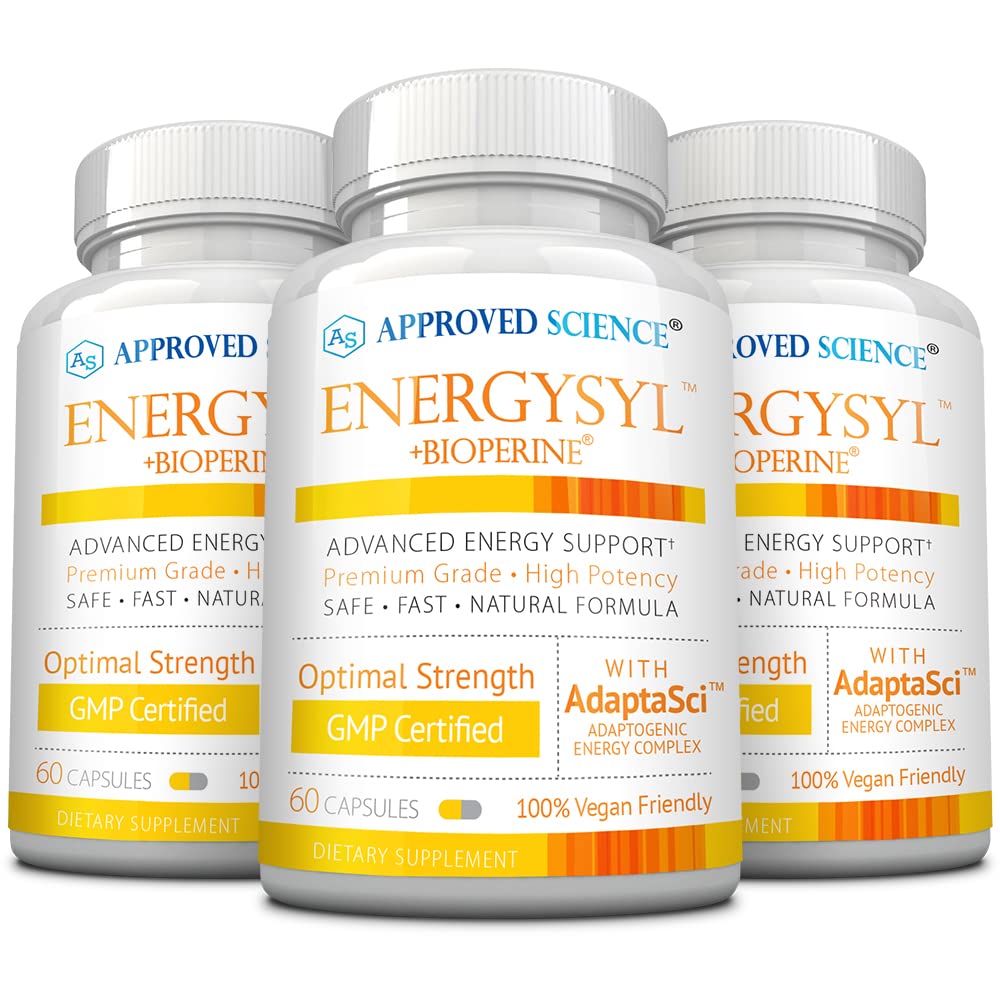 מוסמך Science Energysyl - Caffeine חינם - עם אדוגנים, ויטמין B ו bioperine - 3 חודשים אספקה - 180 קפסולות