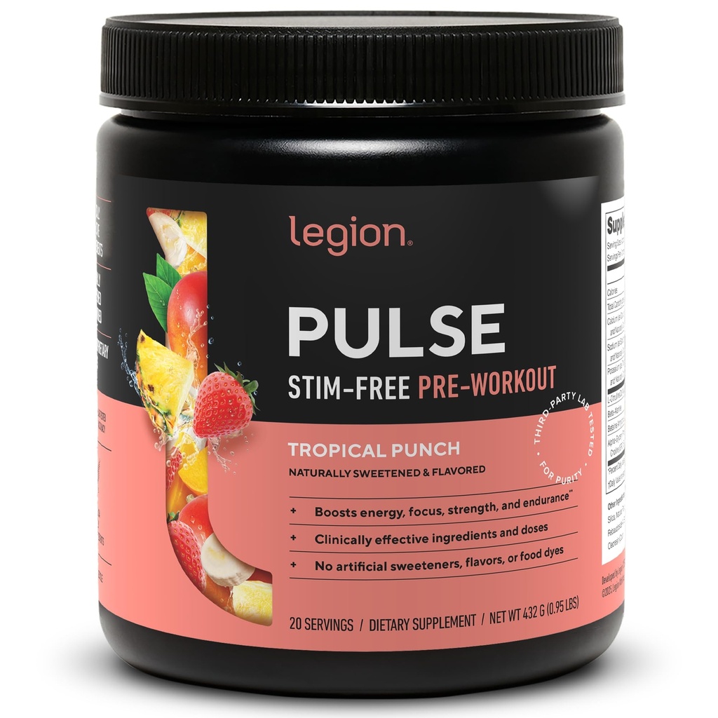 LEGION Pulse Pre Workout תוסף - All Natural Nitric Oxide Preworkout Drink to Boost Energy, Creatine Free, Sweetened, Alan Betaine, Citrulline, Alpha GPC (Caffeine Free Tropical Punch)