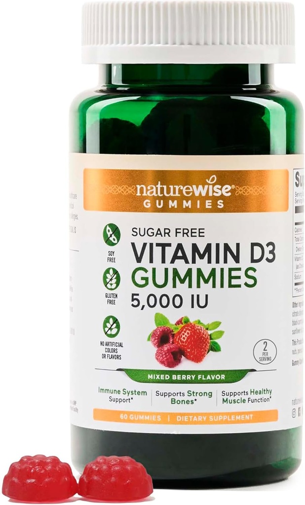 NatureWise ויטמין D3 5000 IU Gummies - תערובת ללא סוכר ברי פלאמור - ויטמין D חניכיים למבוגרים, תומך אימונומיות, שריר ועצמות העצם - Gelatin-Free, non-GMO- 60mies[1-מונטה אספקת]