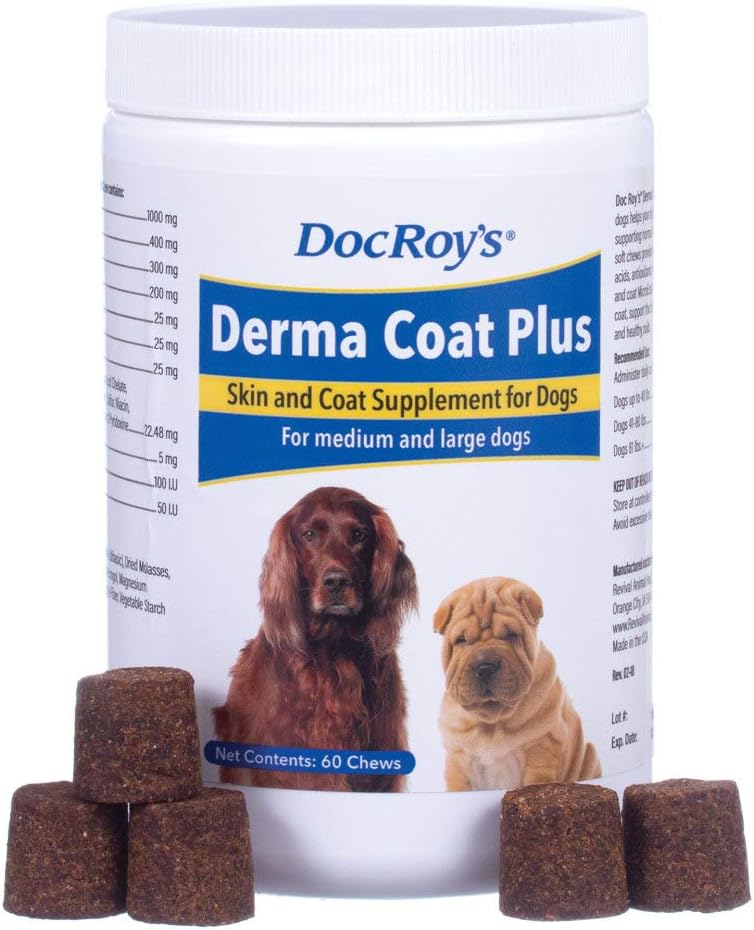 Revival Animal Health Doc Roy's Derma Coat Plus Skin & Coat תוספת לכלבים בינוניים / Large - 60 צ'יפס