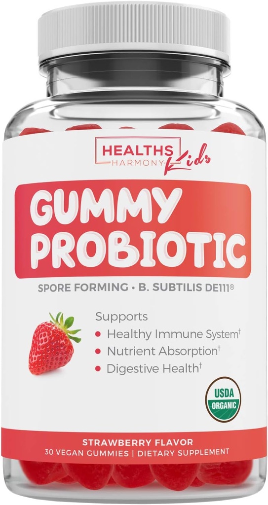 USDA אורגני פרוביוטיקה לילדים (Non-GMO) Strawberry Flavor Kids Probiotics for Digestion & Immune Support - 2.5 מיליארד CFU של DE111 Forming Strain forמקסימום Survivability - 30 מסטיקנים