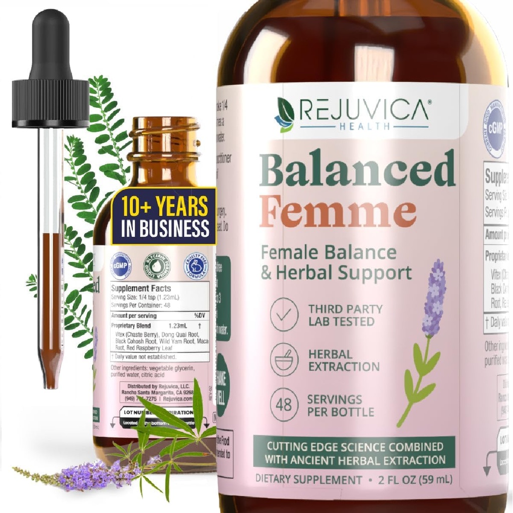Rejuvica Health Balanced Femme - Advanced Women Balance Support Supplement - משלוח נוזלי עבור Better Absorption - Vitex, Dong Quai, Black Cohosh, Maca Wild Sea & More!