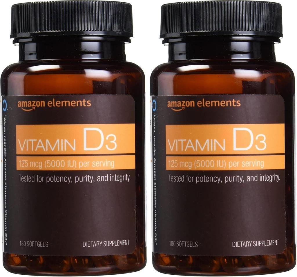 יסודות ויטמין D3, 5000 IU, 180 Softgels, 6 חודשים אספקה (Packaging May Vary), תומך עצמות חזקות ובריאות החיסון (Pack of 2)