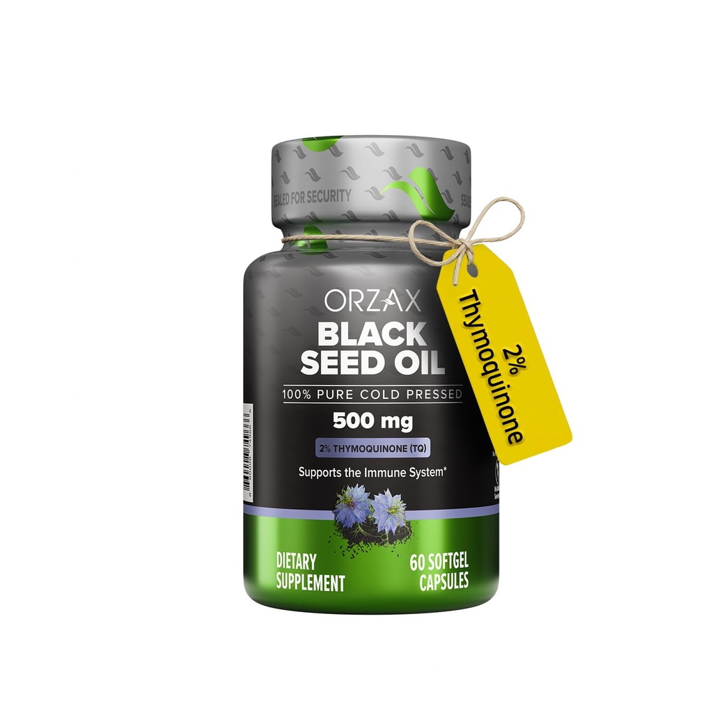 OrZAX Black Seed Oil Cold Pressed 100% Pure | Non-GMO - עשיר באומגה 3 6 9 & Thymoquinone | Black Cumin Nigella Sativa שמן עבור Immune Support, שיער, עור, פנים (500 מ"ג - 60 Softgel קפסולות)