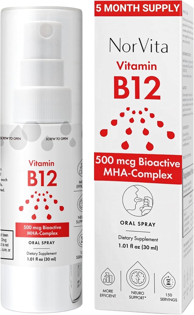 ויטמין B12 Spray 500 mcg (150 משרתים) - תרכובת Quick Absorption MHA (Methylcobalamin, hydroxycobalamin, Adenosylcobalamin) - טבעוני, non-GMO, נוזל B12 נוזל תוסף