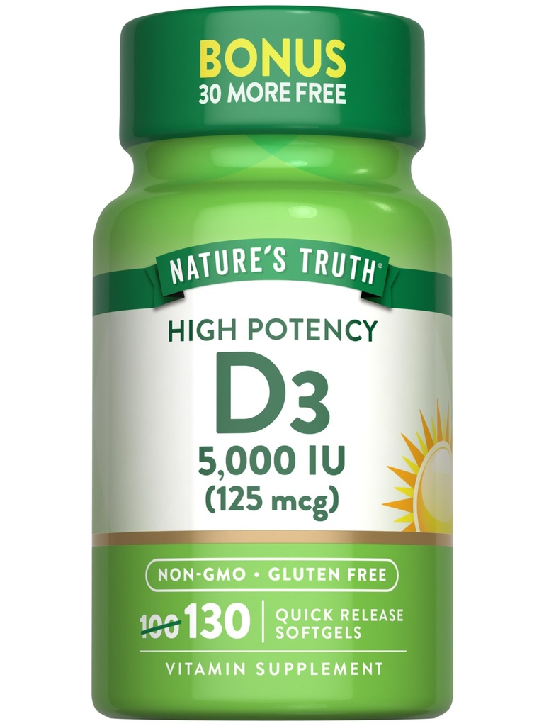 ויטמין D3 5000 IU Softgels | 130 Count | High Potency | Non-GMO & Gluten Free Supplement