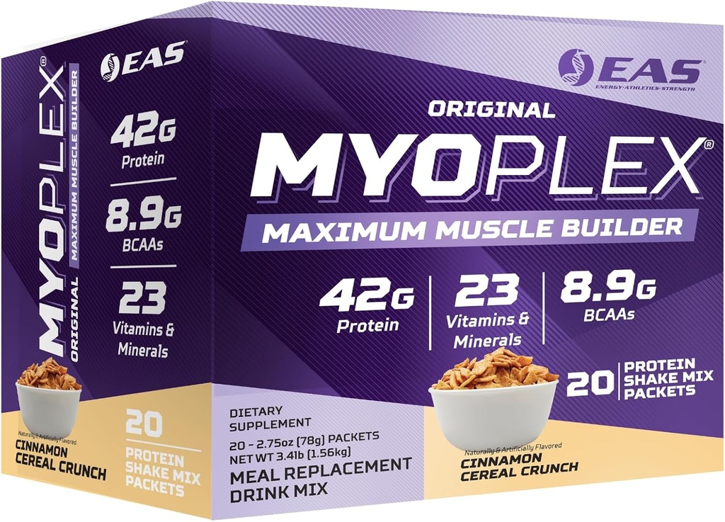 EAS Experimental ו- Applied Sciences Original Myoplex מקסימום שריר בונה, משקה חלבון החלפת Meal מיקס | איכות חלבון תערובת | 42g חלבונים | 20 Individual Packet (Cinnamon Cereal Crunch)