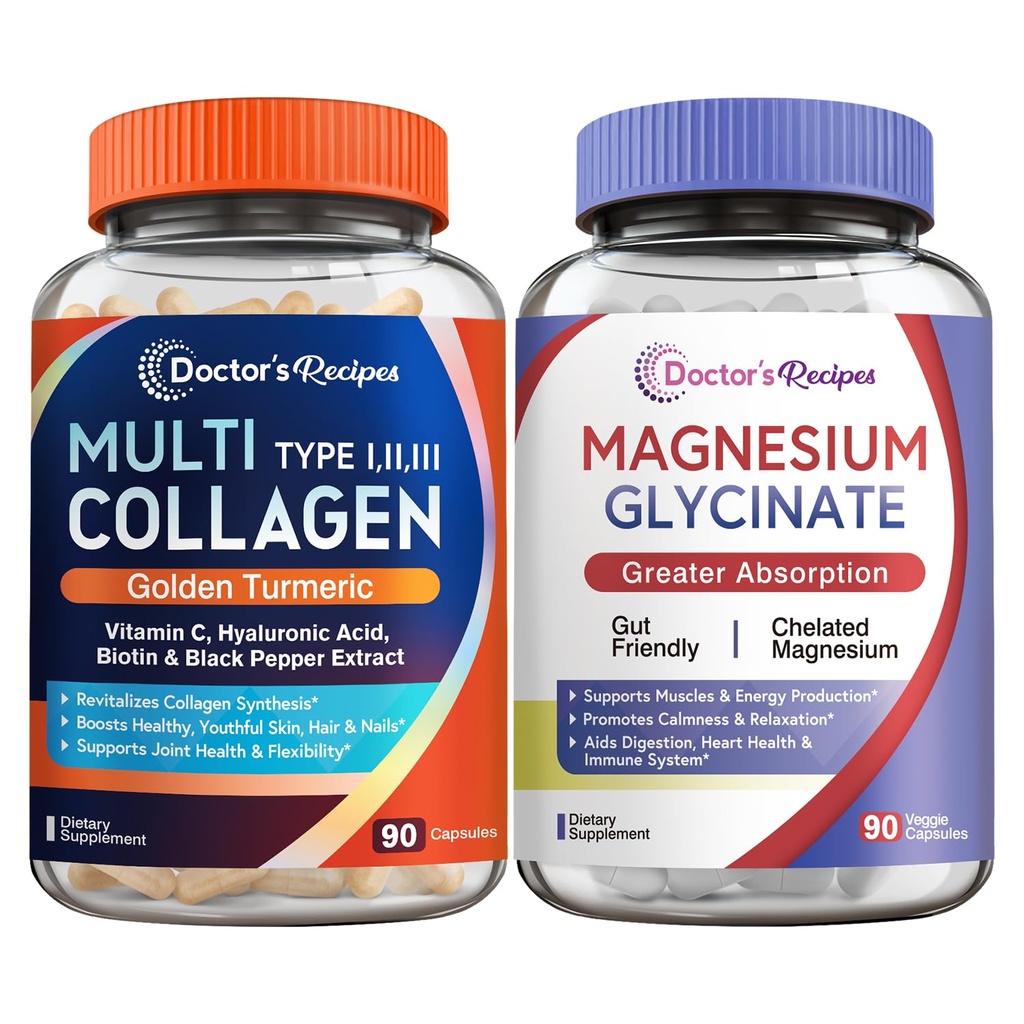 המתכון של הדוקטור Multi Collagen Complex & Magnesium Glycinate Bundle, Whole Body Rejuvenation, להירגע & הקלה, קפסולות קולגן 90 ct & Magnesium קפסולות 90 ct