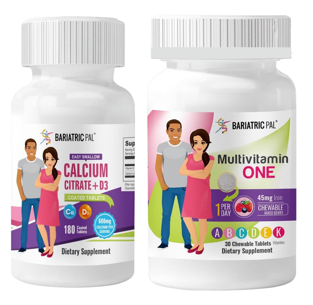 BariatricPal 30Day Bariatric ויטמין Bundle Multivitamin 1 ליום! עם 45 מ"ג ברזל - ברי מעורב וקל Swallow Calcium Citrate (600 מ"ג) ו- D3 coated Tablet