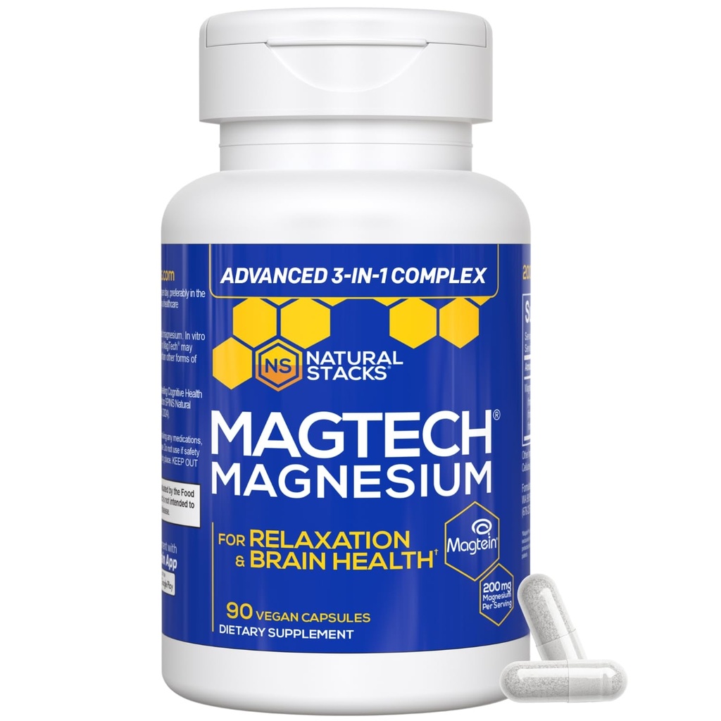 Magnesium Magtein L-Threonate, Glycinate & Taurate - 200 מ"ג Chelated Magnesium Complex - MagTech Magnesium תוסף להרגעה ובריאות המוח - 90 קפסולות