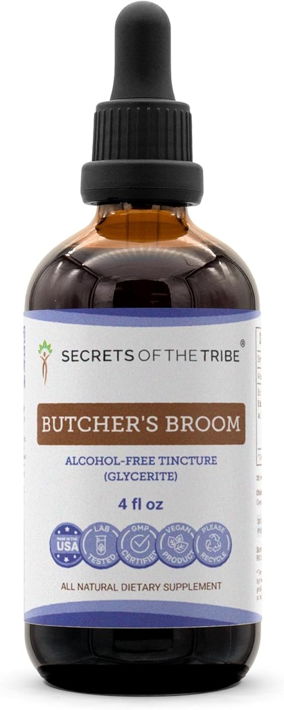 סודות של Broom Tincture אלכוהול ללא תשלום, Broom של Butcher (Ruscus aculeatus) Dried Root (4 FL OZ)