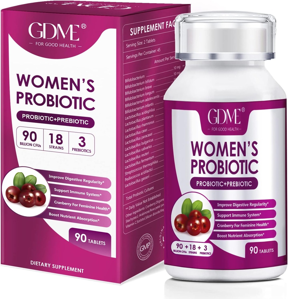 GDME Women's Probiotics, 90 טבליות 90 מיליארד CFU 18 סטרינס מכיל, אורגני Prebiotic Cranberry, פרוביוטיקה תוסף עבור Digest, Immunity, Women's Health, Soy Gluten Milk Free Free Milk