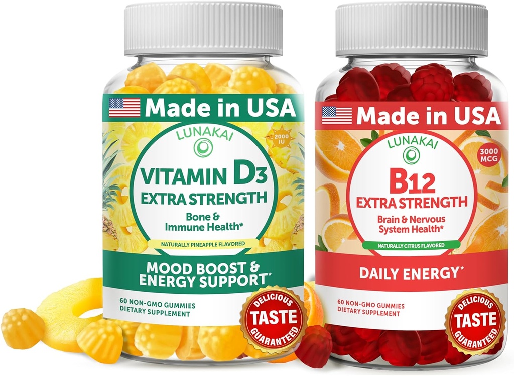 לונהקאי ויטמין D3 ו- B12 מסטיקנים בונדלה - Immunity, Bone ו- Mood Support VIT D3 2000IU תוסף - 3000mcg Methyleobalamin High Absorption Energy Gummy - 30 ימים אספקה