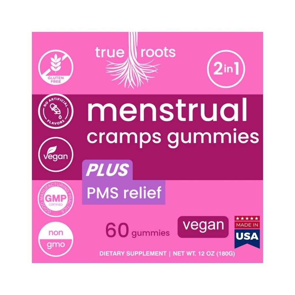 Menstrual Cramp period Gummies True Roots | PMS תמיכה תוספת לנשים | זרימה בריאה | Flo PMS Menstrual Circle Relief, Cramping and Bloating | טבעוני & Natural Flavors | 60 Count Count Count
