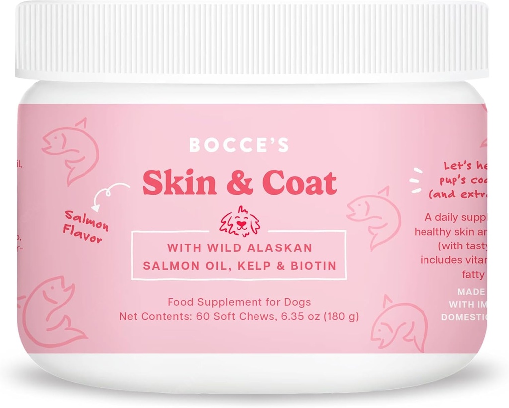 Bocce's Bakery Skin & Coat תוסף לכלבים, Daily Chews Made בארה"ב עם ויטמין E & Essential Fatty Acids, תומך עור בריא וכובע, סלמון, 60 ct, Red (DG-SP-SKIN60)