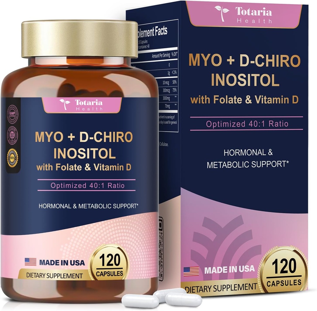 Totaria Inositol Supplement - 3075mg Myo-Inositol & D-Chiro Inositol Capules Plus Vitamin D3, Folate, Ideal 40:1 Ratio - Hormonal Balance for Women & Ovarian* Support | Vegan, Non GMO - 120 Caps